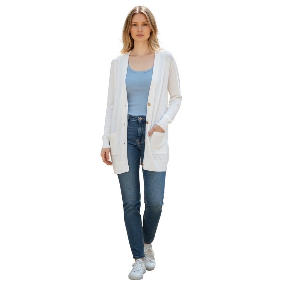 Michael Kors Womens White V-Neck Button Front Cardigan Gold Hardware Sweater